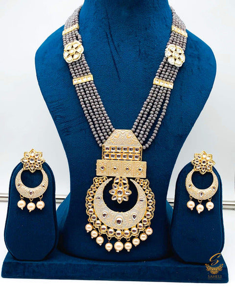 Grey colour meenkari with kundan work pendant Long rani haar with pearl work set with beautiful design earrings