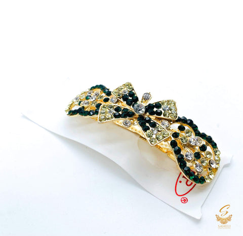 Kai Green & Golden colour Crystals with jerkan stone beautiful hair clip