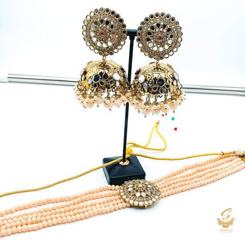 Rosegold colour beads work & original mirror work design choker necklace with Jhumka