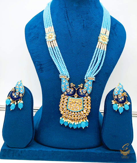 Blue colour beads work with kundan stone meenakari work Peacock design beautiful rani haar necklace set