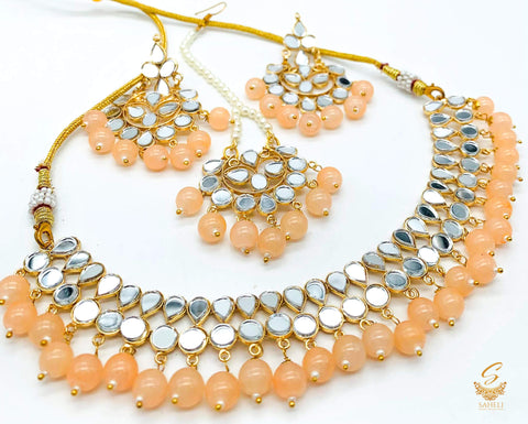 Pastel Peach Colour Pearls With Original Mirror Work Necklace Set With Earrings & Tikka