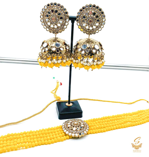 Cadium Yellow colour beads work & original mirror work design choker necklace with Jhumka