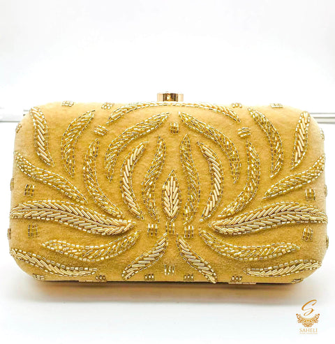 Golden colour pearls beaded handwork with heavy Zardosi work designer clutch