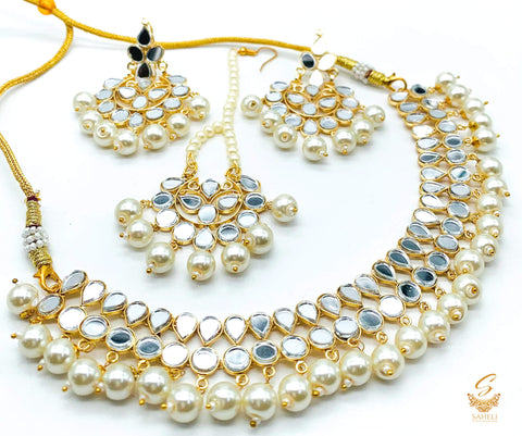 White Colour Pearls With Original Mirror Work Necklace Set With Earrings & Tikka
