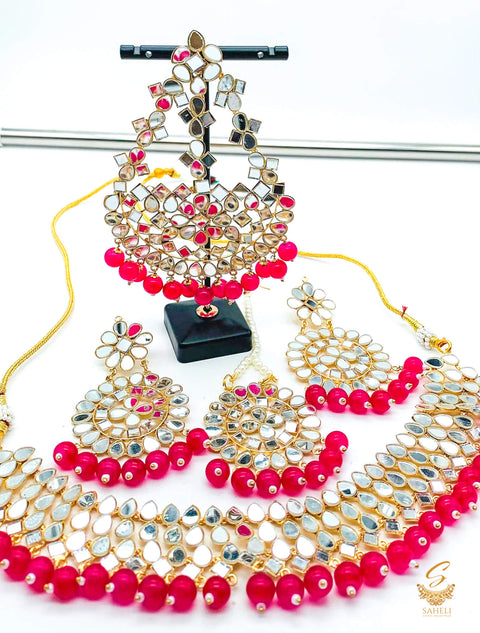 Hot Pink colour pearls with original mirror work necklace set with earrings, tikka and Passa