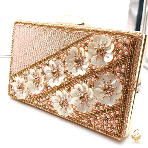 Rosegold colour pearls beaded handwork with heavy Zardosi work designer clutch