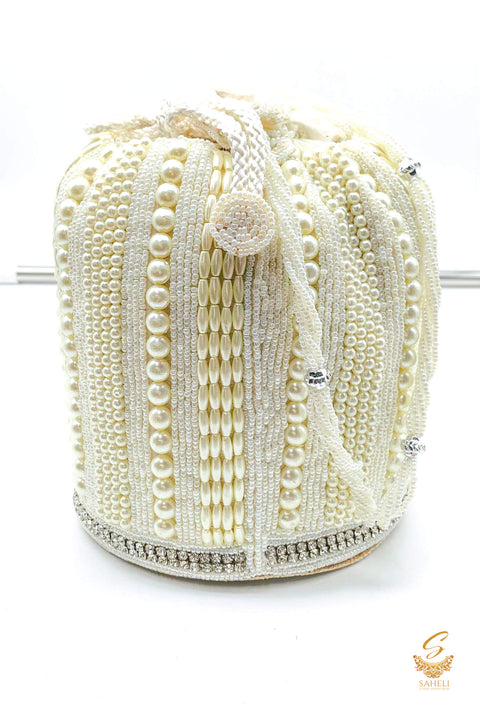 White Colour silk pearl beaded Work With Pearl Work Handle Beautiful Potli Bag