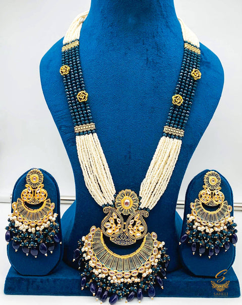 Nevi Blue colour meenkari with kundan work pendant Long rani haar with pearl work set with beautiful design earrings