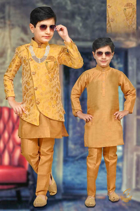 Lite golden yellow colour brocade silk based kids Indo Western (with Mala and Broach )with Pents and Kurta ( 2 styles)