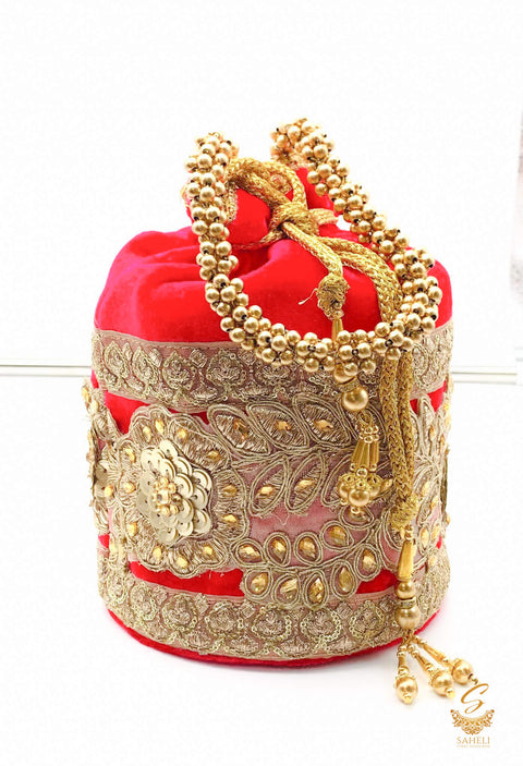 Hot Pink Colour Velvet Based sequined & Stone Work With Pearl Work Handle Beautiful Potli Bag