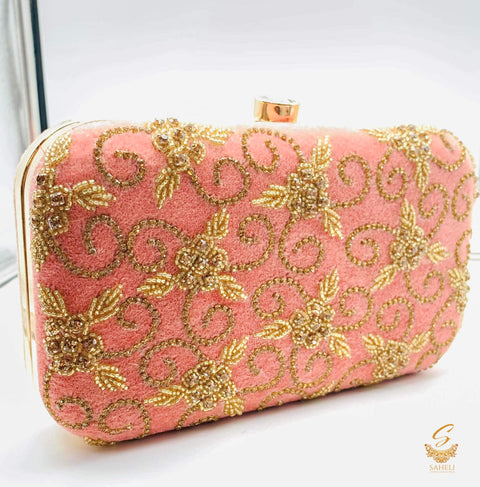 Pastel Pink colour pearls beaded handwork with heavy jerkan stone work designer clutch