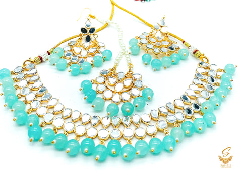 Pastel baby blue Colour Pearls With Original Mirror Work Necklace Set With Earrings & Tikka