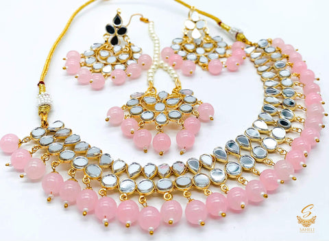 Pastel baby rose Colour Pearls With Original Mirror Work Necklace Set With Earrings & Tikka