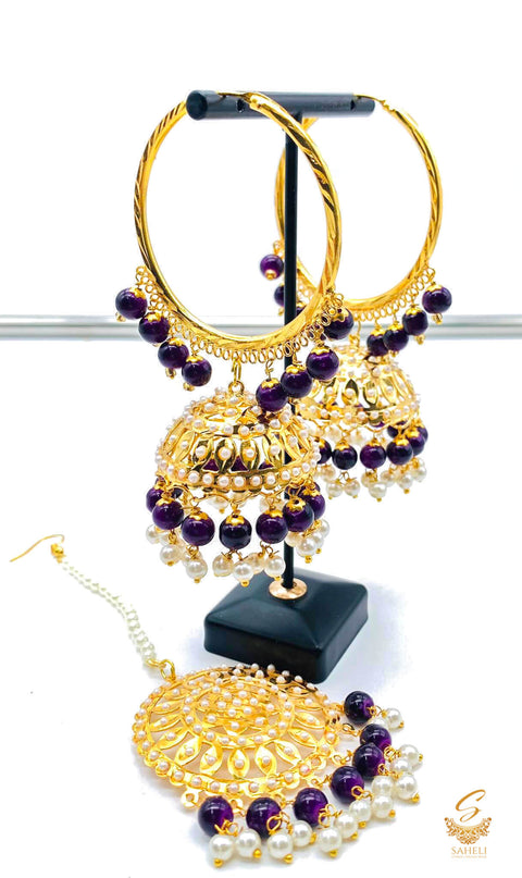 Dark Purple colour pearls work Jadau work Beautiful jhumka balian with tikka set