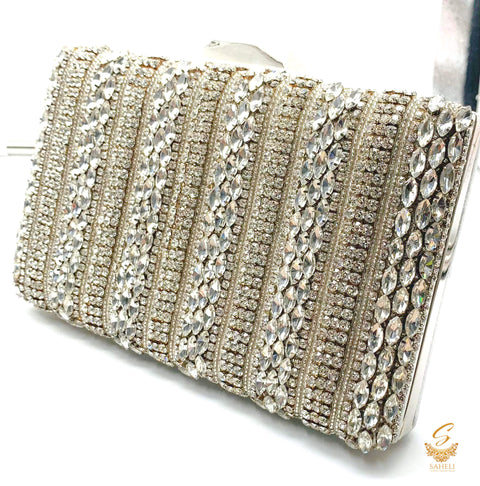Silver colour beautiful handwork with pearl beaded & Crystal stone designer clutch