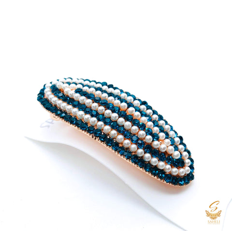 Firozi jerkan stone with white pearls beautiful hair clip