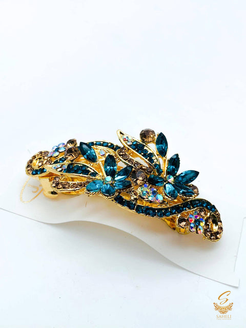 Firozi & golden colour Crystals with jerkan stone beautiful hair clip