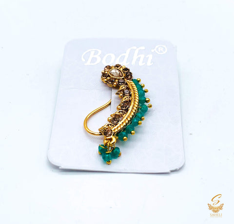 Green pearls Stone Studded Maharashtrian Nath
