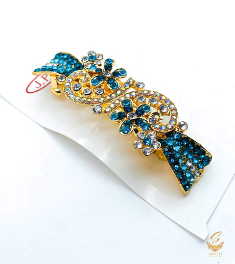 Firozi & silver colour Crystals with jerkan stone beautiful hair clip