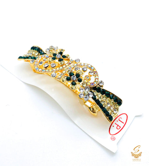 Deep Green with golden & Silver  colour Crystals with jerkan stone beautiful hair clip