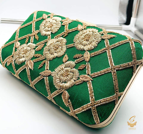Green colour beautiful Zardosi handwork designer clutch