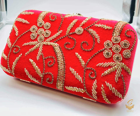 Hot pink colour pearls beaded handwork with heavy Zardosi work designer clutch
