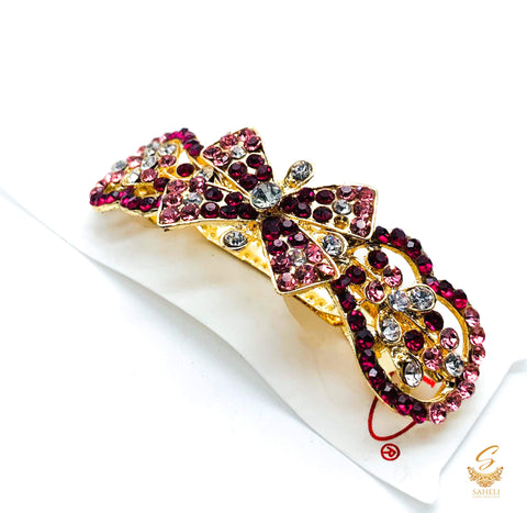 Lite & Dark Pink colour Crystals with jerkan stone beautiful hair clip