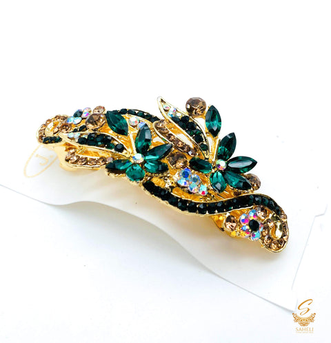 Deep Green & golden colour Crystals with jerkan stone beautiful hair clip
