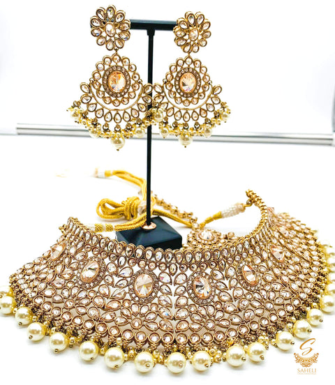 Golden Polki Stone Semi Bridal Necklace Set With Heavy Earrings & Tikka
