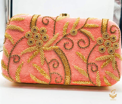 Pastel Rosegold colour pearls beaded handwork with heavy Zardosi work designer clutch