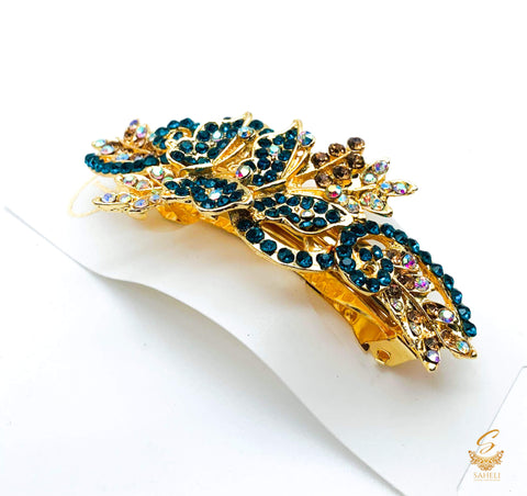 Firozi colour Crystals with jerkan stone beautiful hair clip