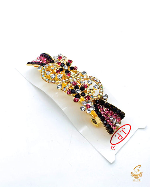 MAroon & Pink colour Crystals with jerkan stone beautiful hair clip