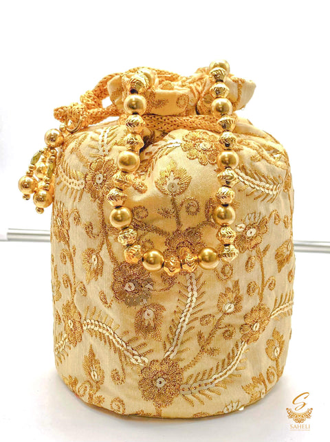 Golden Colour silk Based embroidered Work With Pearl Work Handle Beautiful Potli Bag