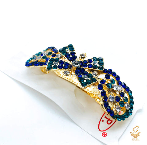 Firozi & Royal Blue colour Crystals with jerkan stone beautiful hair clip