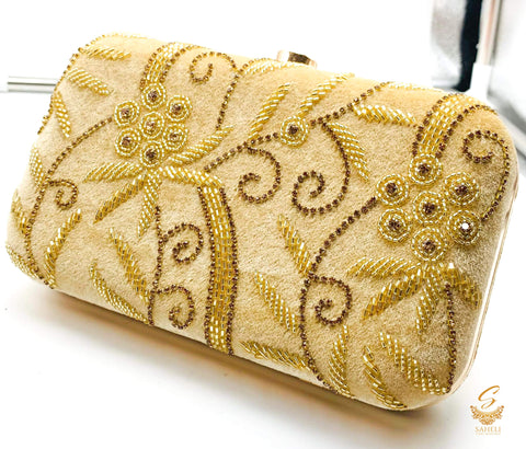 Golden colour pearls beaded handwork with heavy jerkan stone work designer clutch