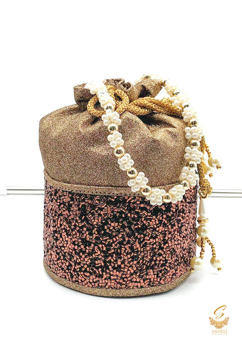 Copper colour sippy beaded shimmery work with pearl work handle beautiful Potli Bag
