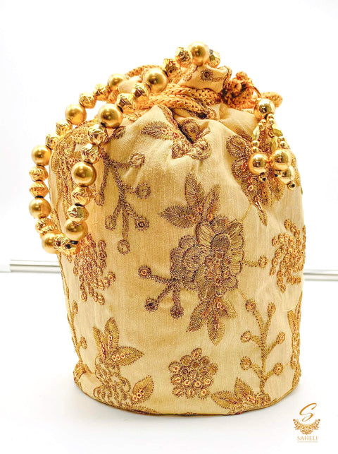 Golden Colour silk Based embroidered Work With Pearl Work Handle Beautiful Potli Bag