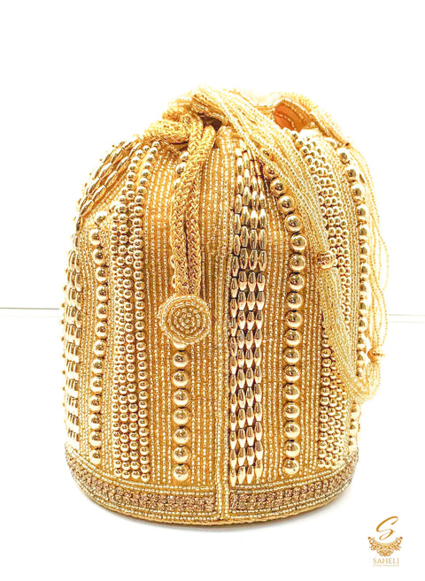 Golden Colour silk pearl beaded Work With Pearl Work Handle Beautiful Potli Bag