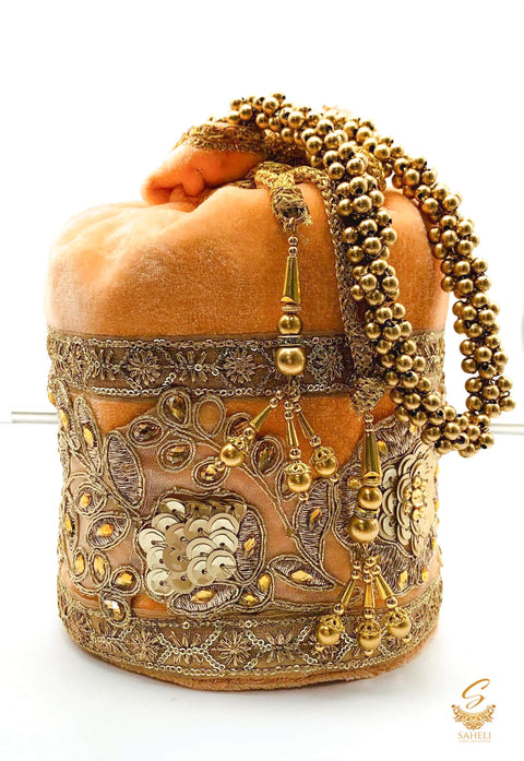 Peach Colour Velvet Based sequined & Stone Work With Pearl Work Handle Beautiful Potli Bag