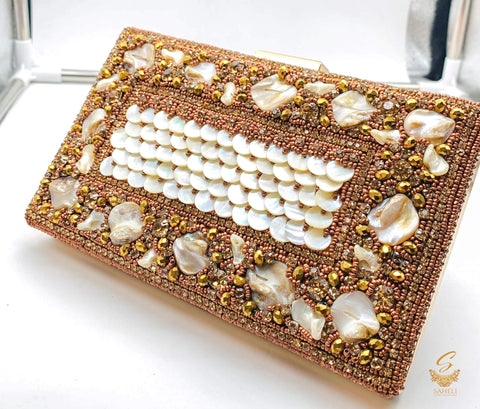 Copper Gold colour beautiful handwork with pearl beaded & Crystal stone designer clutch