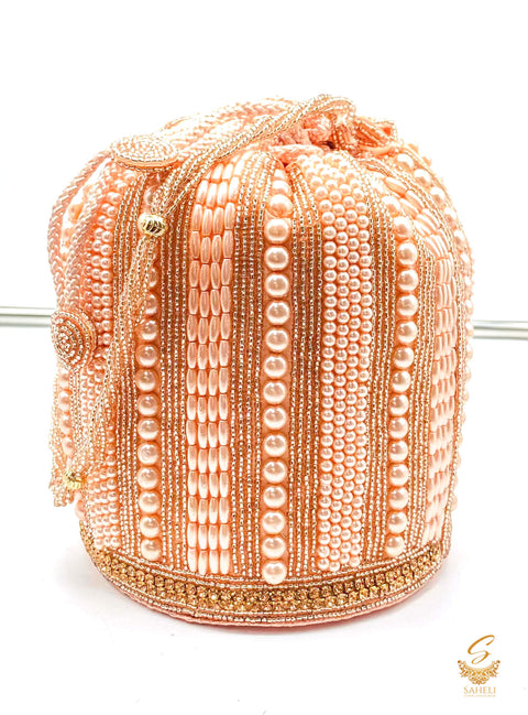 Rosegold Colour silk pearl beaded Work With Pearl Work Handle Beautiful Potli Bag