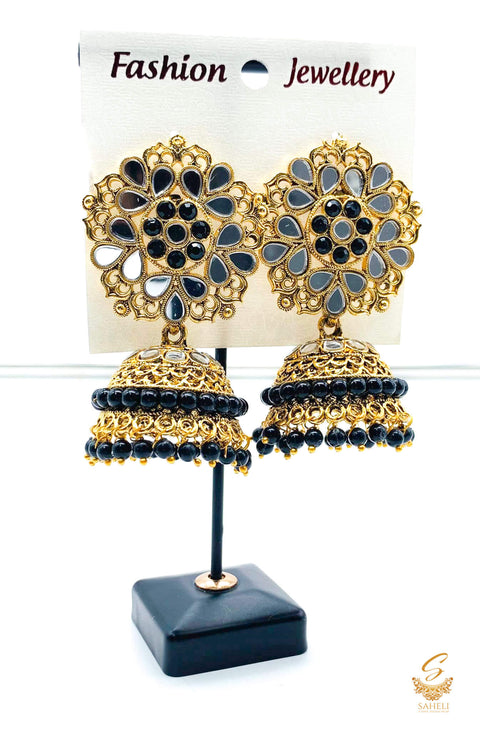 Black colour pearls with mirrors work design beautiful jhumka
