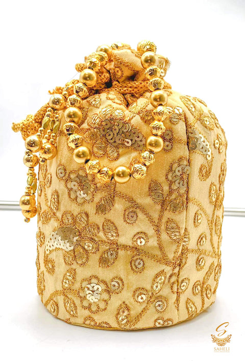 Golden Colour silk Based embroidered Work With Pearl Work Handle Beautiful Potli Bag