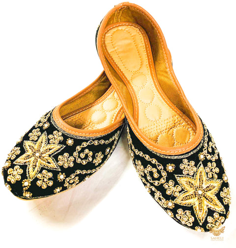 Black  Colour velvet based Beaded Hand Work Design Punjabi Jutti