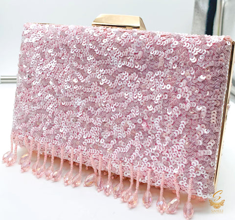 Pastel Pink colour sequined handwork designer clutch with pearls hanging