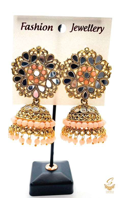 Pastel PEach colour pearls with mirrors work design beautiful jhumka