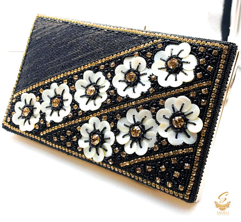 Black & golden colour pearls beaded handwork with heavy Zardosi work designer clutch