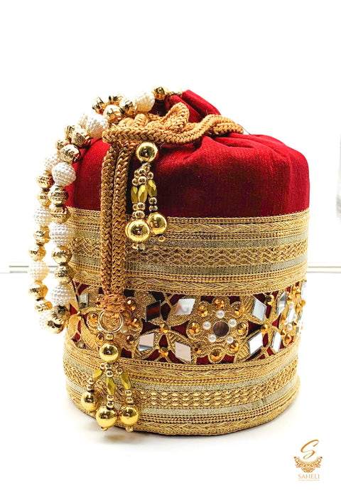 MAroon Colour silk Based Mirror Work With Pearl Work Handle Beautiful Potli Bag