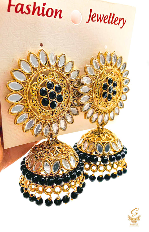 Black colour pearls with mirrors work design beautiful jhumka