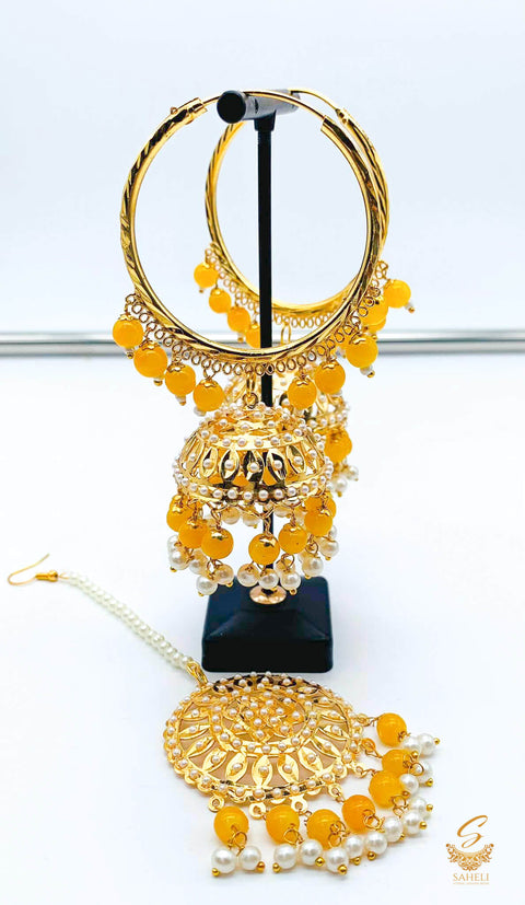 Mustard colour pearls work Jadau work Beautiful jhumka balian with tikka set